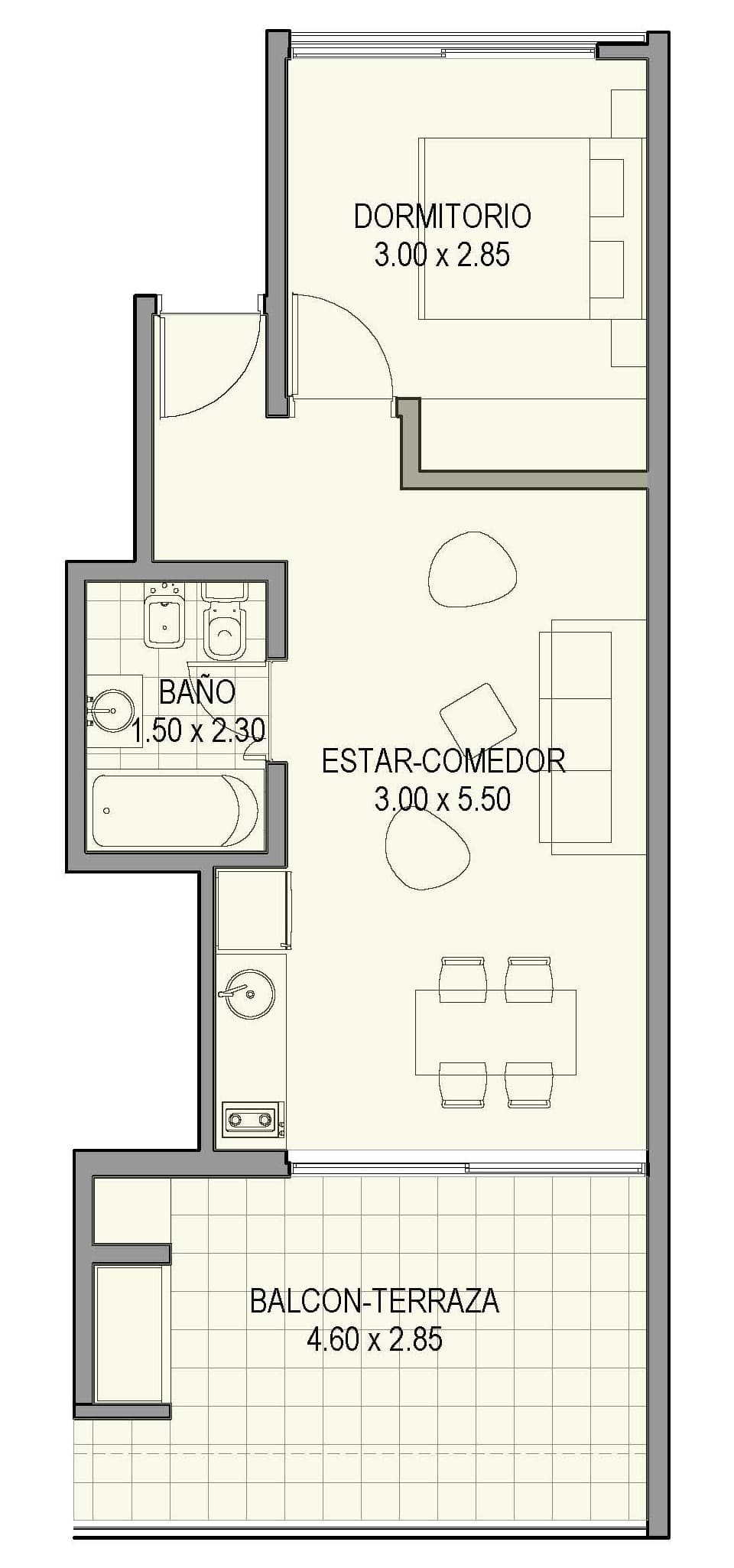 Planta de arquitectura del departamento dos ambiente 4A del proyecto Nahuel Huapi 4265