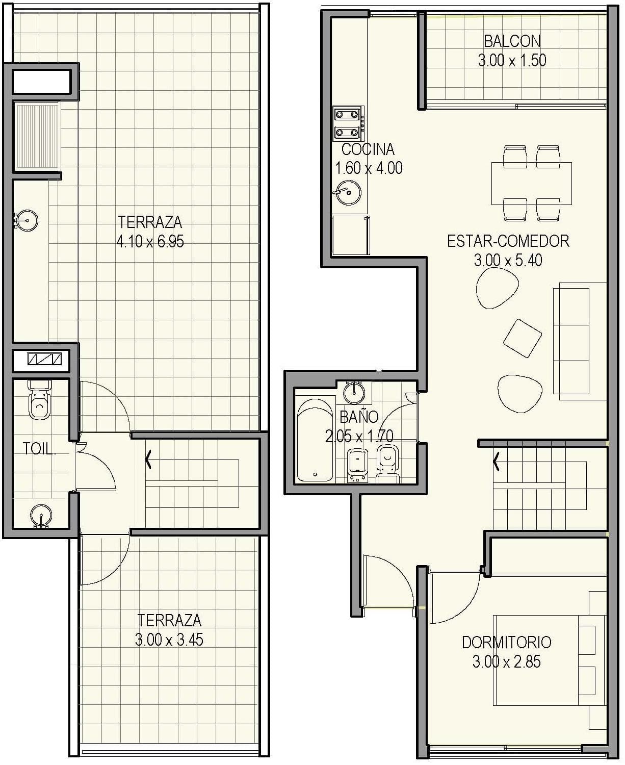 Planta de arquitectura del departamento dos ambiente 4A del proyecto Nahuel Huapi 4265