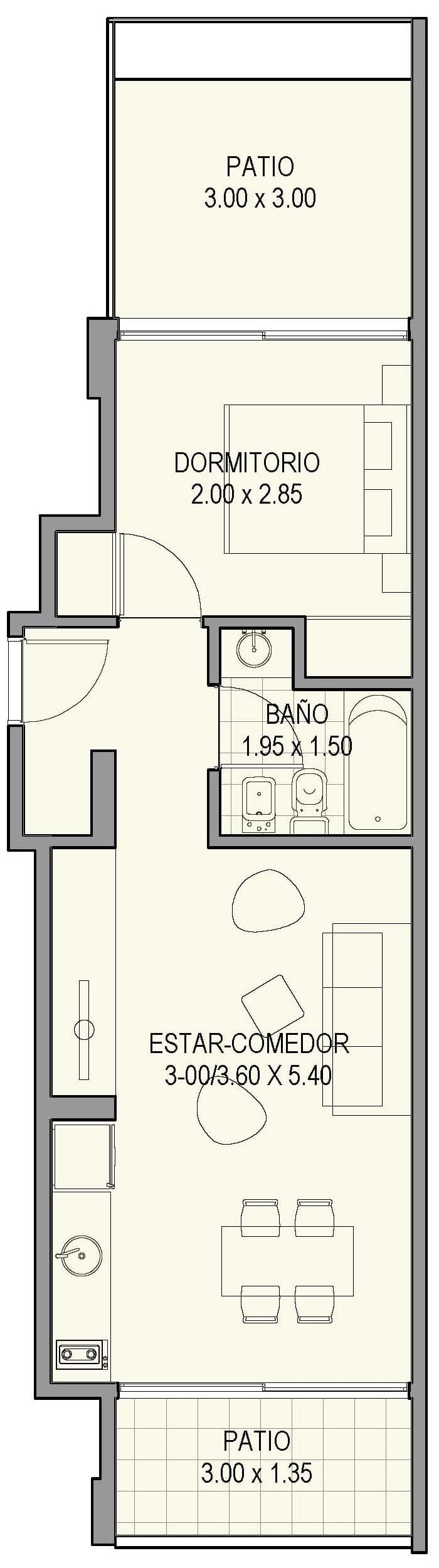 Planta de arquitectura del departamento dos ambiente PBA del proyecto Nahuel Huapi 4265