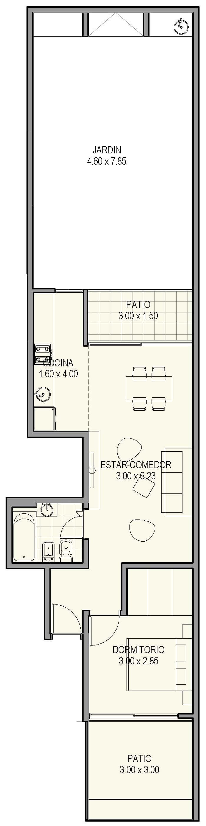 Planta de arquitectura del departamento dos ambiente PBD del proyecto Nahuel Huapi 4265