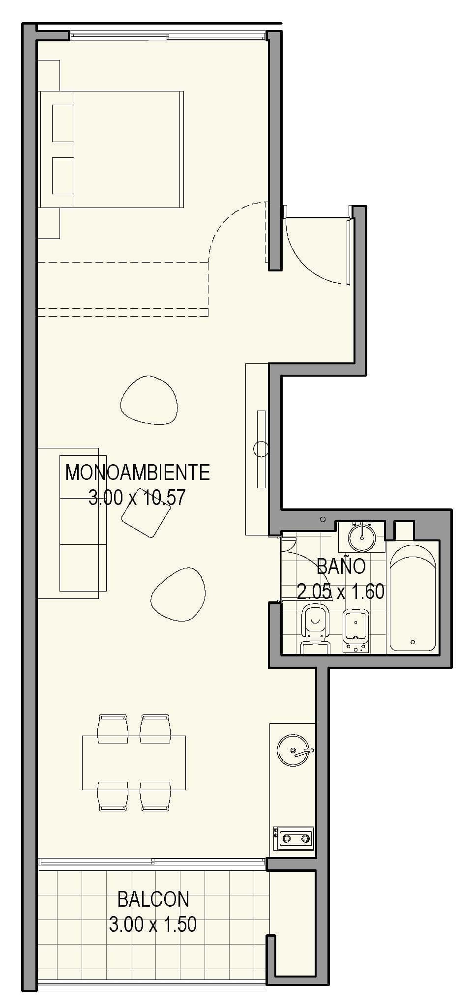 Planta de arquitectura del departamento monoambiente 1B, 2B y 3B del proyecto Nahuel Huapi 4265