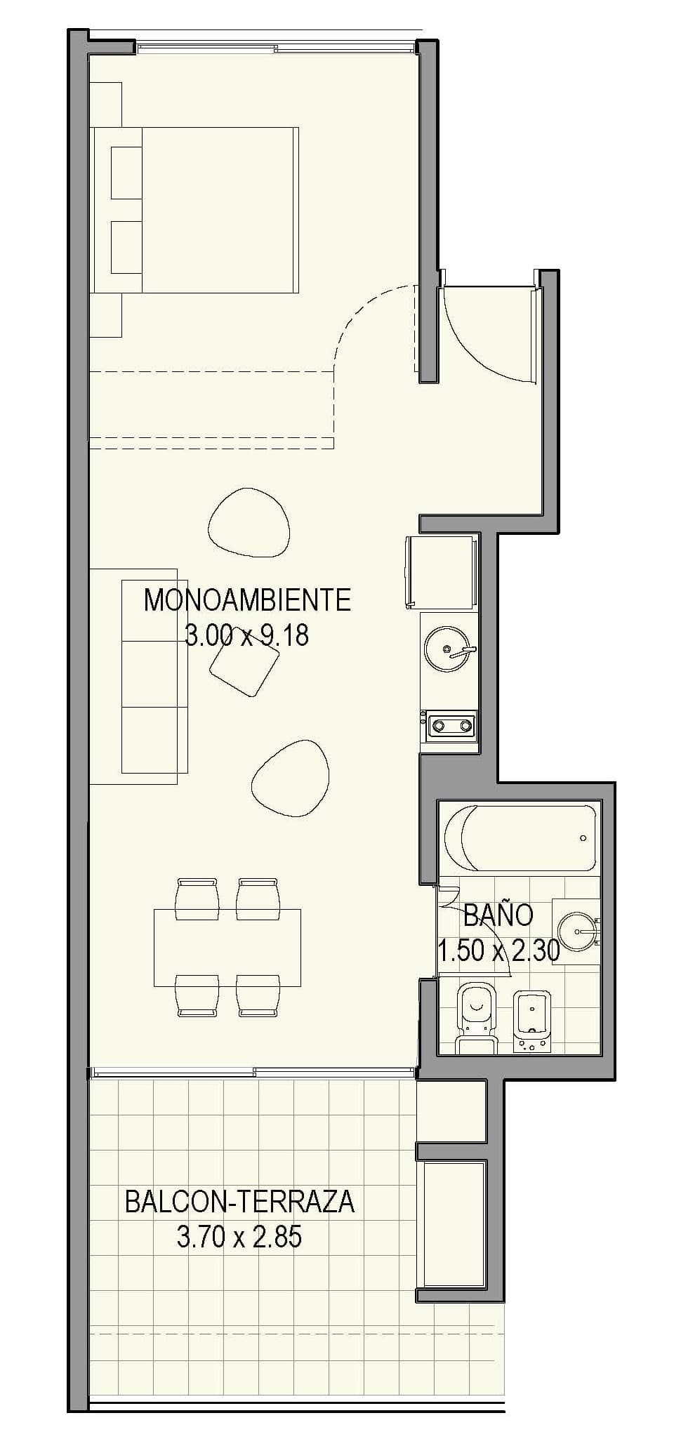 Planta de arquitectura del departamento monoambiente 4B del proyecto Nahuel Huapi 4265