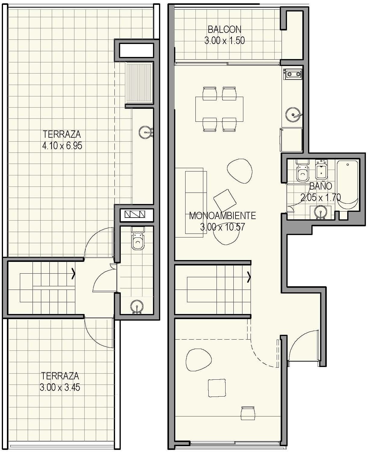 Planta de arquitectura del departamento monoambiente 4B del proyecto Nahuel Huapi 4265