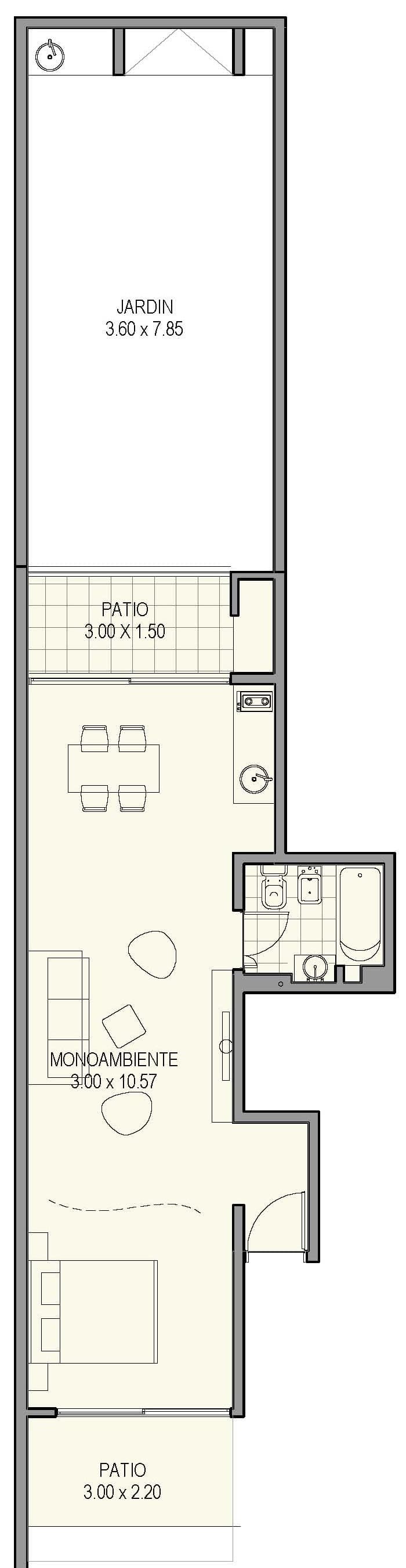Planta de arquitectura del departamento monoambiente PBC del proyecto Nahuel Huapi 4265